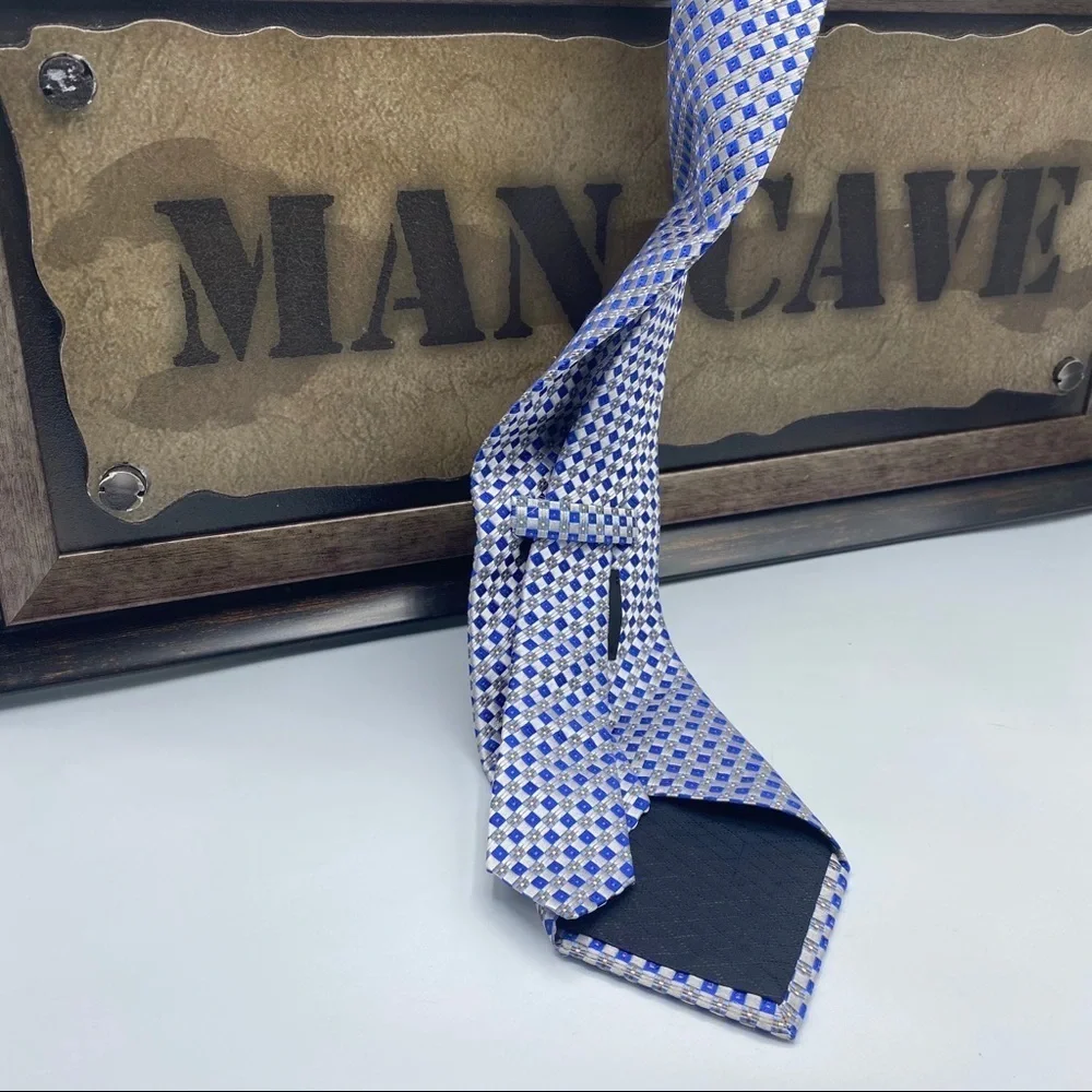 Ike Behar White Blue Gold‎ Square Design Silk Tie